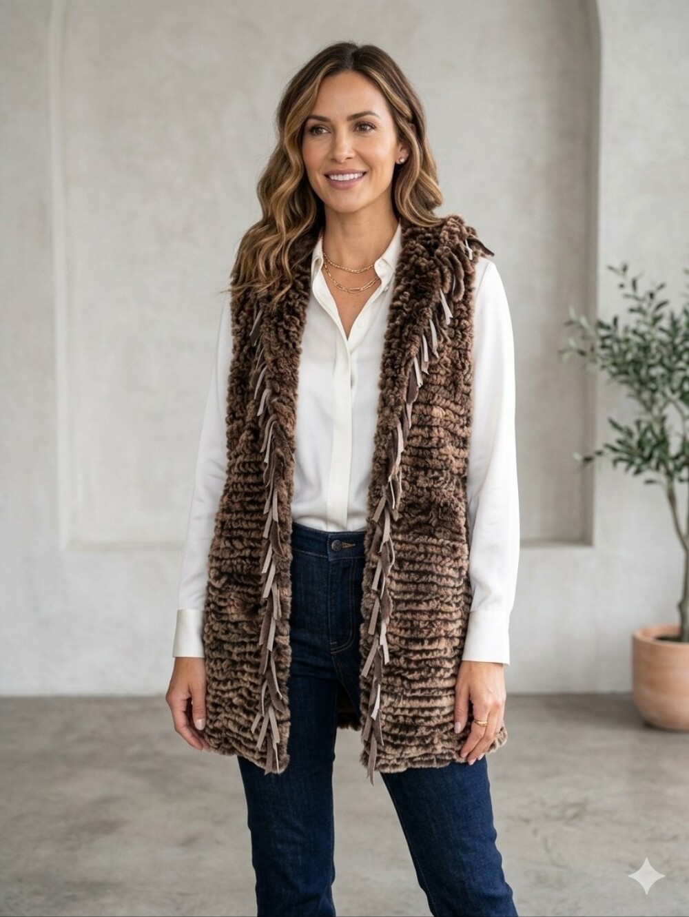 Adrienne Landau Women's Size S/M Brown Rabbit Fur Vest With Hood